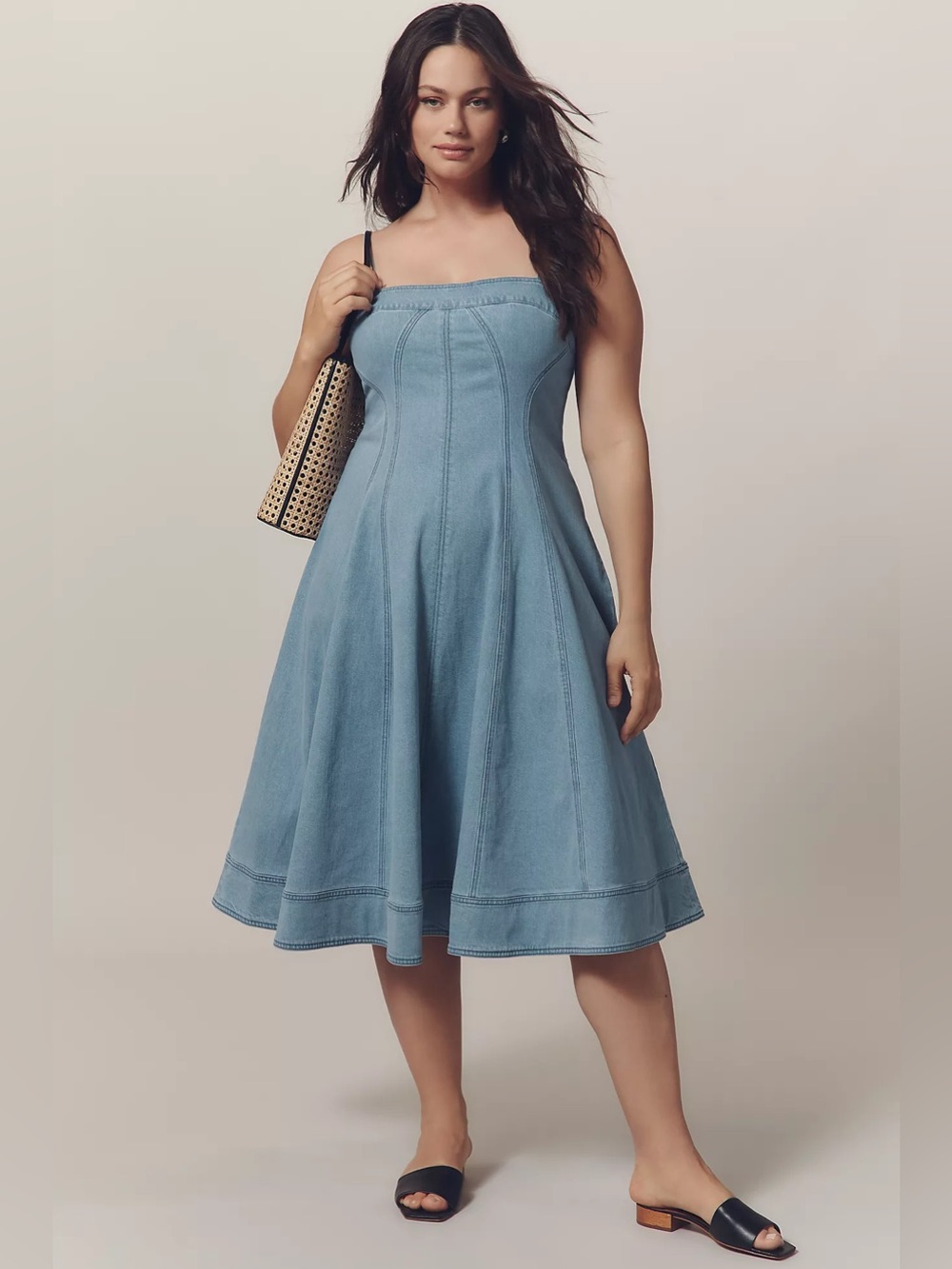 Anthropologie denim midi dress Marin Square Neck Pilcro fit & flare light wash
